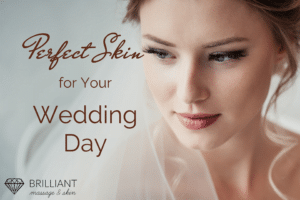 beautiful lady in her wedding dress and makeup: text: perfect skin for your wedding day