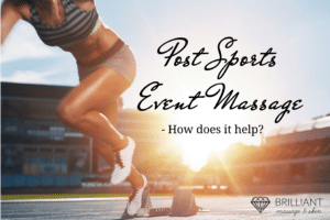 an athlete on the racetrack having her training: text: post sports event massage