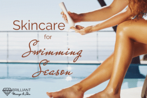 girl on a poolside putting some sunscreen on her palm: text: skincare for swimming season