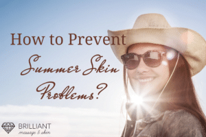girl in a wide brim hat and shade while smiling in the sun: text: How to prevent summer skin problems?