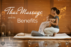 masseuse giving a Thai massage to a client: text: Thai massage and its benefits