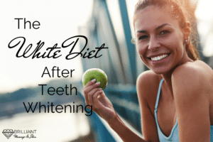 girl holding an apple: text: the white diet after teeth whitening