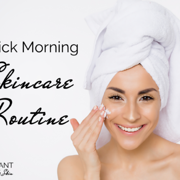 smiling girl with towel wrap on her head and applying cream on her face: text: quick morning skincare routine