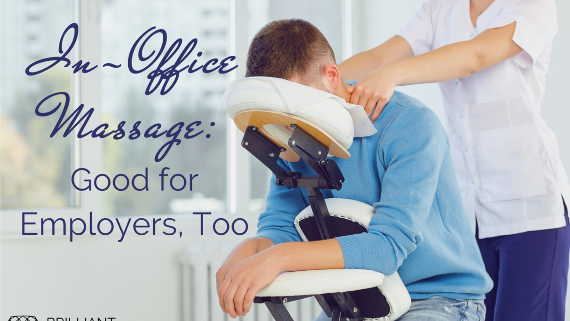 a boy in an office is having a chair massage from a masseuse in white uniform: text: in-office massage: good for employers, too