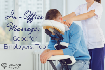 a boy in an office is having a chair massage from a masseuse in white uniform: text: in-office massage: good for employers, too