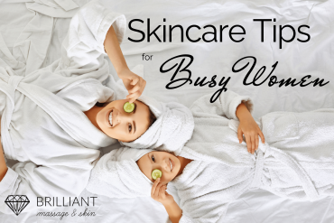a mom and daughter in white robe with cucumber in each one eye lying in white sheet, text: skincare tips for busy women