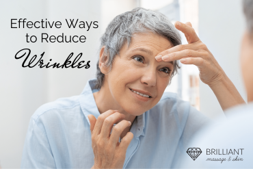 a white-haired woman looking on her wrinkles on the mirror: text: effective ways to reduce wrinkles