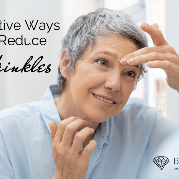 a white-haired woman looking on her wrinkles on the mirror: text: effective ways to reduce wrinkles