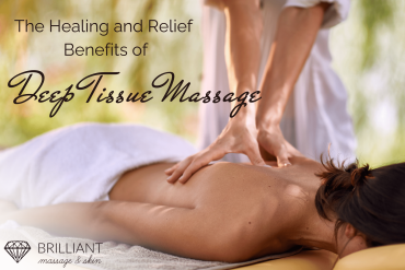 a client lying on a massage table having a back massage from a massage therapist: text: the healing and relief benefits of deep tissue massage