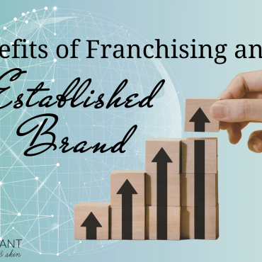 arrow graph on wood blocks, the last and tallest blocks held by a hand: text Benefits of franchising an established brand