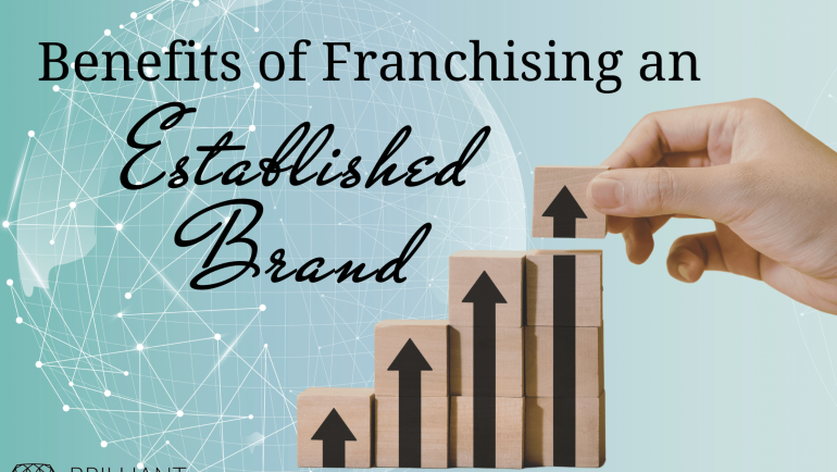 arrow graph on wood blocks, the last and tallest blocks held by a hand: text Benefits of franchising an established brand